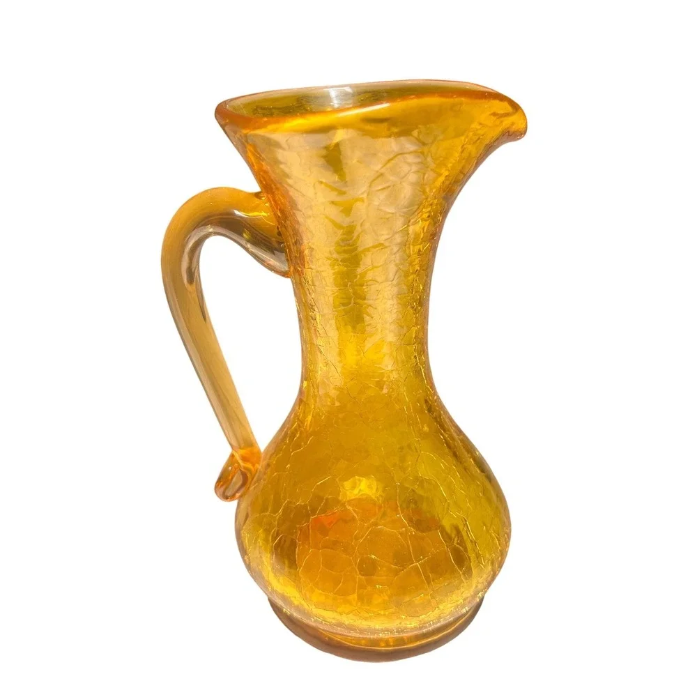 Vintage Amber Crackle Glass Pitcher Small Hand Blown‎ Decorative Vase Gold 5.5